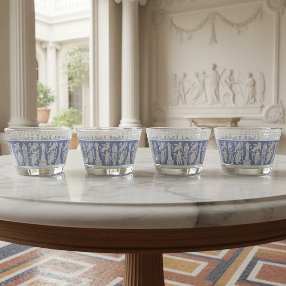 Jeanette Glass Corinthian Blue Dessert Bowls, Set of 4 Vintage Grecian Glassware